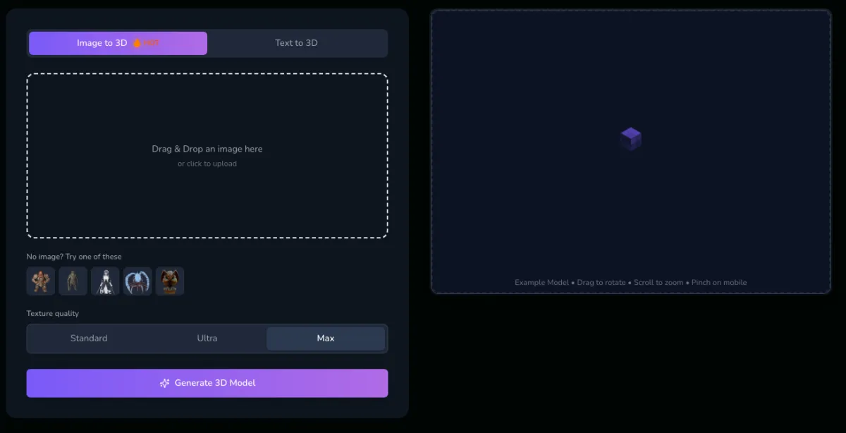 The TripoSR image-to-3D generator on triposr.org with the upload box, example images, and Standard, Ultra, and Max texture tiers