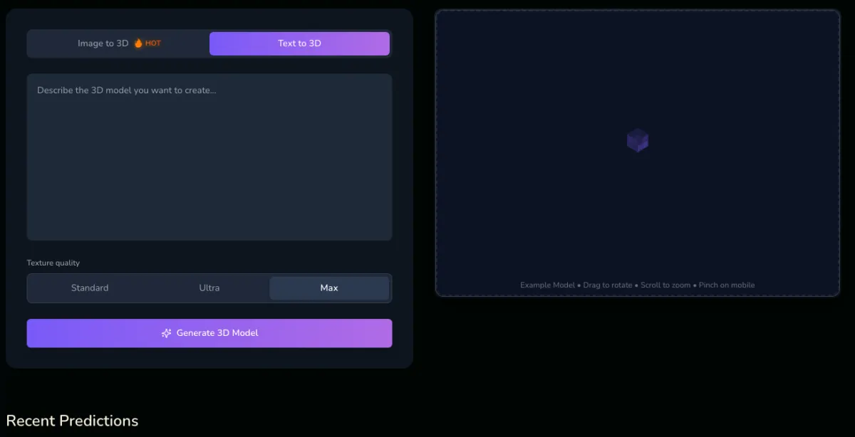 The TripoSR text-to-3D generator on triposr.org with a prompt box and texture tier selector